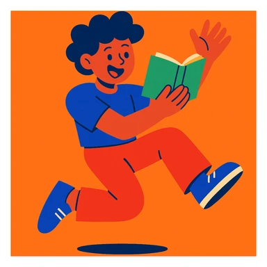 a person dancing while reading a book, joyful expression, energetic pose, clear book visible, vibrant and playful style sticker