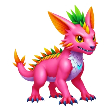 Tropical lush warm-colored neon-colored Digimon-Fionbri-creature sticker