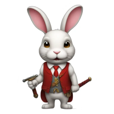 Bunny with sword in back with rugged smiley face with red tie in his neck sticker