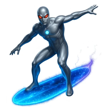 Make the board glow with a space energy effect, keep the silver surfer standing, no background. The style should emphasize a space energy glowing effect on the board with the silver surfer figure clearly visible and standing. sticker