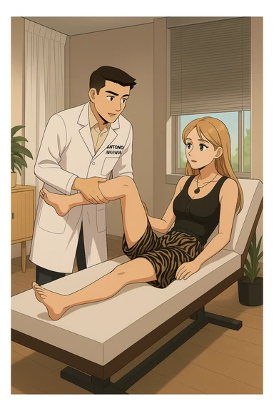 fai un webtoon/manga a colori con questo kinesiologo in camice bianco (fagli la scritta "ANTONIO ANANIA" SUL CAMICE) CHE SVOLGE UN TEST NEUROMUSCOLARE SOLLEVANDO UNA GAMBA ALLA RAGAZZA CHE è STESA SU UN LETTINO BIANCO. STANZA SEMPLICE E MODERNA, DURANTE IL TEST I DUE DIALOGANO TRA LORO. NON FARE I FUMETTI, FAI SOLO LORO COME SE DIALOGASSERO sticker