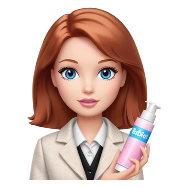 A Barbie girl with blue eyes, shoulder-length reddish-brown hair, made-up, in a white tweed jacket and black skirt, holding a tube of pale pink face cream sticker
