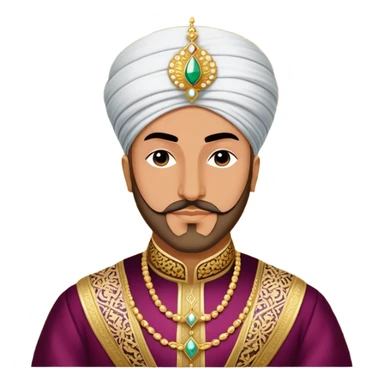 Suleiman the Magnificent – Cinematic Realistic Portrait of Suleiman the Magnificent, depicted as a regal Ottoman sultan in luxurious traditional attire with intricate patterns and a golden turban, his commanding gaze illuminated by warm, historic lighting, exuding majestic authority and timeless grandeur. sticker