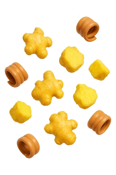 emoji stile iphone 3d di piccoli pezzi di zenzero che fluttuano in aria con pezzi di colon arrotolati intorno, iperrealistico 4k sticker