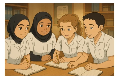 Quatre étudiants infirmiers en style Ghibli, travaillant en collaboration et en interaction à l'intérieur. Tous portent des uniformes blancs à manches courtes, sans pied de col ni stéthoscopes, avant-bras nus, cheveux longs attachés. Hauts de type tunique médicale, col en V, poche poitrine côté gauche. Inspirés des quatre personnes sur les photos jointes. Scène chaleureuse et professionnelle. sticker