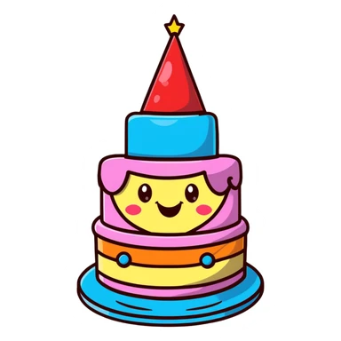 cute birthday cake with smiling face and party hat sticker
