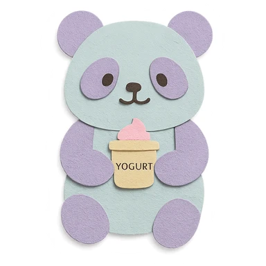 pastel-colored yogurt maker panda holding a tiny yogurt cup, full-body sticker