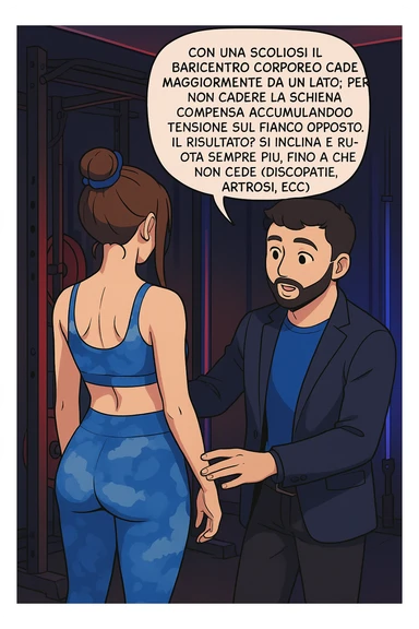 fai questa immagine in versione manga/webtoon a colori con stile di disegno carino e moderno, il manga mostra la donna di spalle, mentre l'uomo le tocca la spina dorsale per spiegarle come funziona la scoliosi:
Con una scoliosi il baricentro corporeo cade maggiormente da un lato; per non cadere la schiena compensa accumulando tensione sul fianco opposto.
Il risultato? Si inclina e ruota sempre più, fino a che non cede (discopatie, artrosi, ecc) sticker