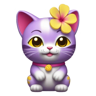 Purple maneki neko in a yellow T-shirt with a pink flower on his head sticker