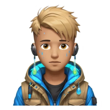 Cyberpunk street young adult, male, messy undercut, puffer vest over hoodie, glowing earpiece, light stubble, brown eyes, neon reflections, raindrops, dark background. sticker