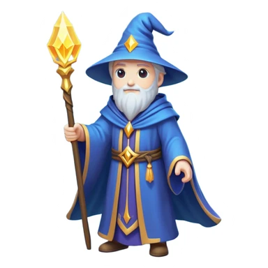 Clash of Clans aesthetic: Cinematic heroic powerful Wizard Hero Emoji, rendered in a 3D vector-style similar to standard emojis with minimal shading and bold, simplified shapes. A compact, isometric figure draped in flowing enchanted robes and wielding a mystical staff, softly glowing with an arcane magical charm. Simplified yet unmistakably iconic, highly detailed and consistent, glowing with a soft radiant glow and high shine. Stylized with a touch of whimsical sorcery and a soft glowing outline, capturing the essence of a powerful wizard ready to cast spells with a friendly, playful spirit! sticker