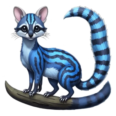 Feral Rare Fantasy iridescent scaly evil spooky vibrant dark shady shaded detailed deep-dark-cobalt-blue-gradients-colored colorful Genet-Trico-Civet-Cacomistle-Margay-species by LiLaiRa, with dark-blackish points, white belly, random markings, tufted tail, tufted ears, full body sticker
