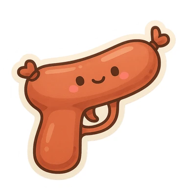 a sausage shaped like a pistol, playful and cartoonish, cute and whimsical style sticker