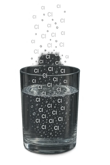 un bicchiere di acqua realistico e dettagliato fluttua in aria, dentro l'acqua del bicchiere ci sono particelle di cloro ben visibili con la scritta "Cl" sopra, ci sono particelle anche che escono dal bicchiere e fluttuano in aria verticalmente, mentre alcune sono all'interno dell'acqua nel bicchiere, iperrealistico 4k sticker