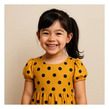 girl wearing a dress, black hair styled in a ponytail, cheerful, plain background sticker