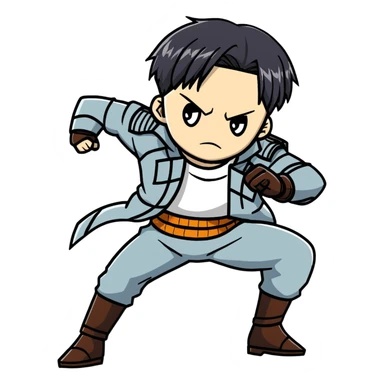 Levi Ackerman from Attack on Titan in battle stance with ODM gear, black undercut hair, serious expression sticker