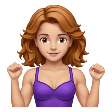 big biceps, muscled torso, very beautiful italian happy girl, looking like Emma Watson, with wavy bright hazelnut hair, dressed in a beautiful violet costume sticker