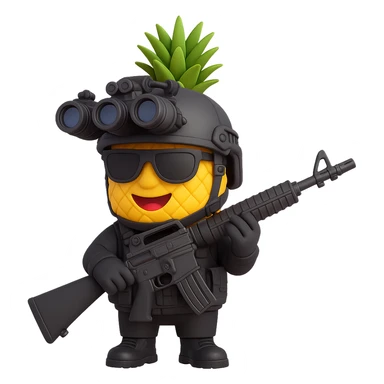 Make the pineapple wear special forces gear including a tactical helmet with night vision goggles, a black tactical vest, and gloves. The background should be transparent with no background. sticker