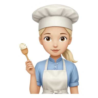 Young female pastry chef - ponytail, apron, wearing a white hat, holding a cream piping bag sticker
