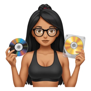 glasses, long black hair tanned woman, black sports bra, sexy, hot, data analysis, holding a cd   sticker