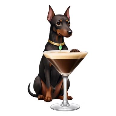 Black Miniature Doberman with cropped ears, sitting in espresso martini sticker
