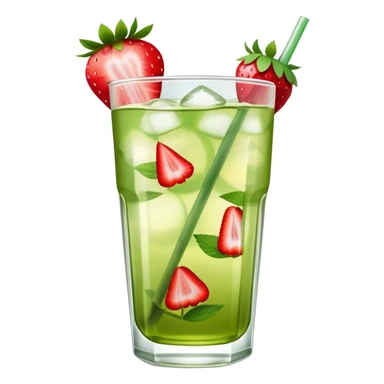 glass of iced green tea with strawberry slices sticker