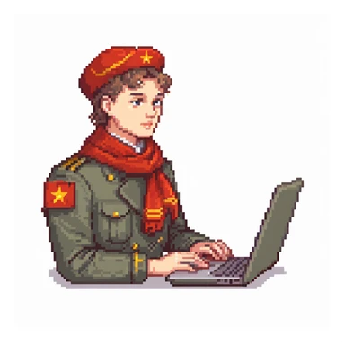 Young Soviet pioneer with red scarf and uniform using a laptop sticker