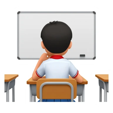 student sitting in classroom back view with one hand on chin apple style emoji sticker