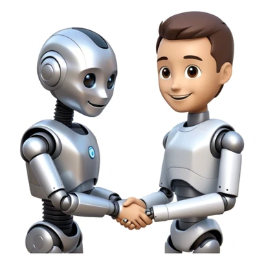 Futuristic emoji: a man and a humanoid robot shaking hands in a friendly manner. The man is smiling, and the robot looks friendly. Minimalistic background, 3D style, realistic details. sticker