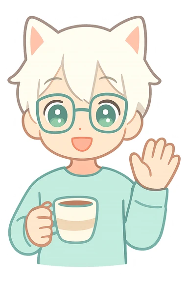 An anime guy with white hair, white cat ears, green eyes, and glasses, holding a coffee cup in his hand and waving sticker