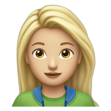 Een meisje met lang steil blond haar een groene trui en een blauwe cargo broek en witte nike sticker