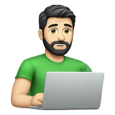 white guy with black hair thin face with beard typing in laptop wearing green t-shirt working in call center sticker