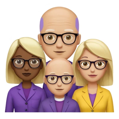 5 person team; 2 men and 3 women.  All dressed in yellow or purple.  Women have blonde and ash blonde hair.  1 man is black and bald, 1 man is caucasian and very little hair left.  All have glasses sticker