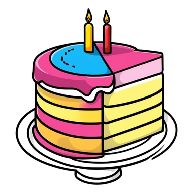 colorful birthday cake with a slice missing, showing layers inside sticker