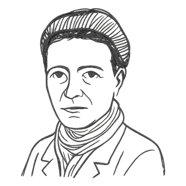 a hand drawn black outline portrait of philosopher Simone de Beauvoir with similar-sized eyes based a famous photograph of her sticker