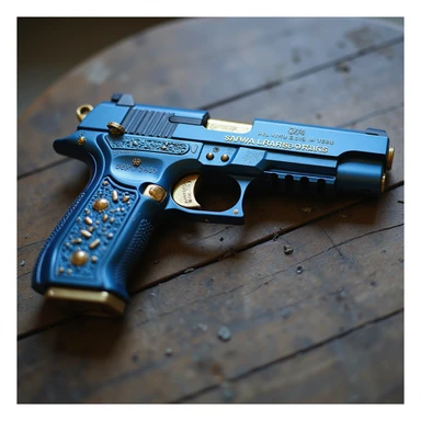 photorealistic blue pistol with gold accents, no heart shapes or motifs, on a white background sticker