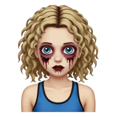 Crie um emoji de uma garota zumbi, como esta: "🧟‍♀️'. Porém invés da camiseta, uma regata fina e de cor preta, os cabelos loiros escuros na altura do ombro e picotado, liso na raiz e cacheado nas pontas, com mechas azuis nas mechas da frente e a parte de trás pintada de vermelho vinho sticker