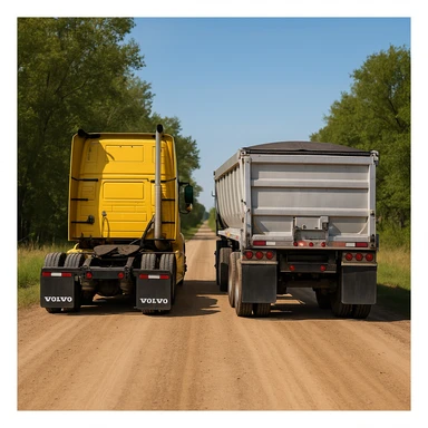ultra-realistic rear view of a Volvo yellow semi sleeper truck and silver end dump trailer, both in normal position, driving away down a photorealistic dirt road with trees and grass on both sides, blue sky sticker