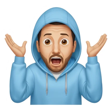 Adam Sandler with a beard in a baby blue hoodie, the hood on, screaming with the arms wide spread like ‘i don’t know’ sticker