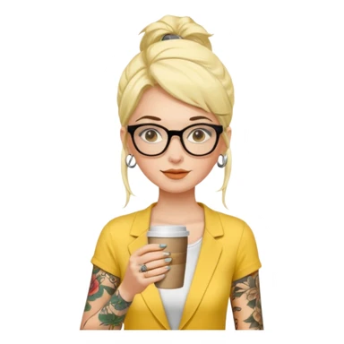 gözlük takan, dövmeli ve elinde kahve tutan, yaz kıyafetli bir kadın. kıyafeti sarı olsun sticker