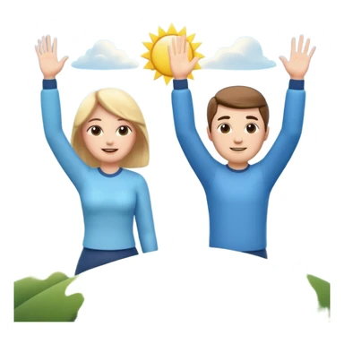 A 3D cartoon couple on top of a hill raising hands in victory, sunny sky and nature background, Memoji-style. sticker