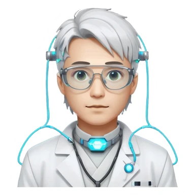 Cyberpunk scientist, Japanese male, high-tech glasses, glowing data reflection on lenses, lab coat collar, neural interface on temple, white neon lighting sticker