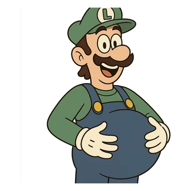 Luigi from Mario, pregnant, hands on belly, cheerful, cartoon style sticker