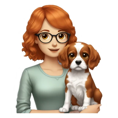 red-haired girl with bangs and short hair and black glasses presenting a Blenheim Cavalier puppy sticker