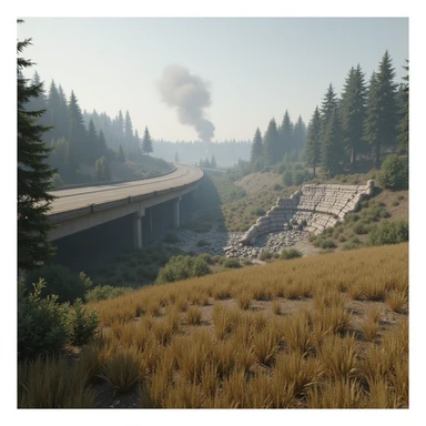 a screenshot of a location in a videogame  the image of the scene consists of: a tall above-ground freeway with a collapsed section in the distance, a wooded area, a small field of wheat, a tall workshop in the distance, and 2-foot tall sandbag wall-fortifications. distant smoke sticker