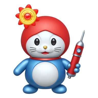 Red mad doraemon plush holding a nuke button sticker