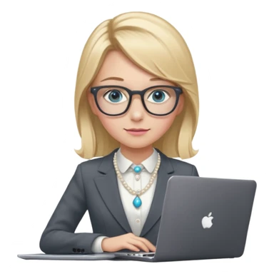 Please take the girl with laptop emoji and make her glassess light brown, her eyes ocean blue and her nose a bit smaller and pointier and she has blonde very long hair and a dark grey suit and pearls necklace, and has a laptop in fron of her and a tiny pink bow on the left side of her head sticker