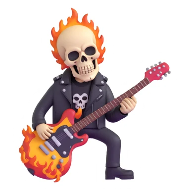 heavy metal skull with flames, electric guitar, leather jacket sticker