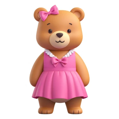 cute bear in a pink dress with bows, standing in front of a tall ornate mirror in a pastel room, 3D iOS emoji style, rounded, bright colors, playful and soft look sticker
