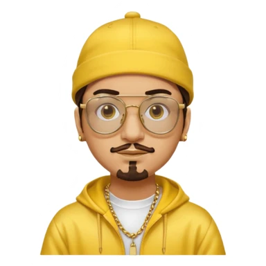 Ali G from Ali G Indahouse with brown eyes, dark brown hair, gold outfit, yellow glasses and hat sticker